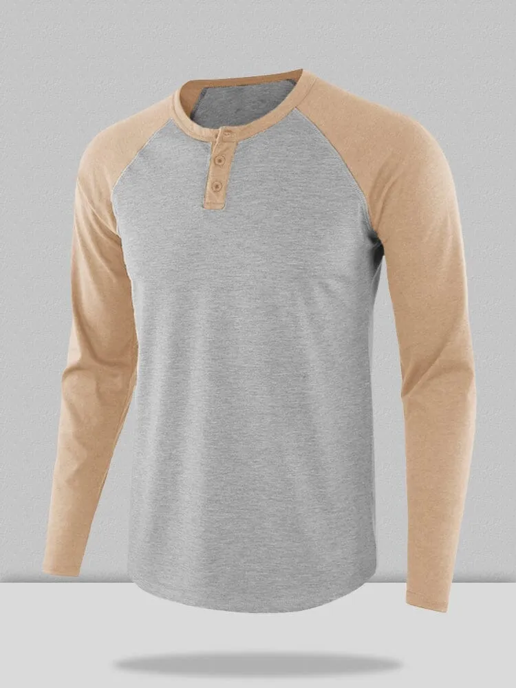 Color Blocking Round Neck Button Long Sleeve Henley Shirt