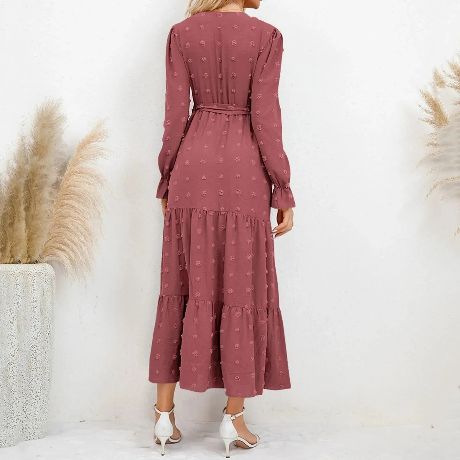 Color Lantern Sleeve Buttons Sexy Side Split Maxi Office Casual Solid Dress