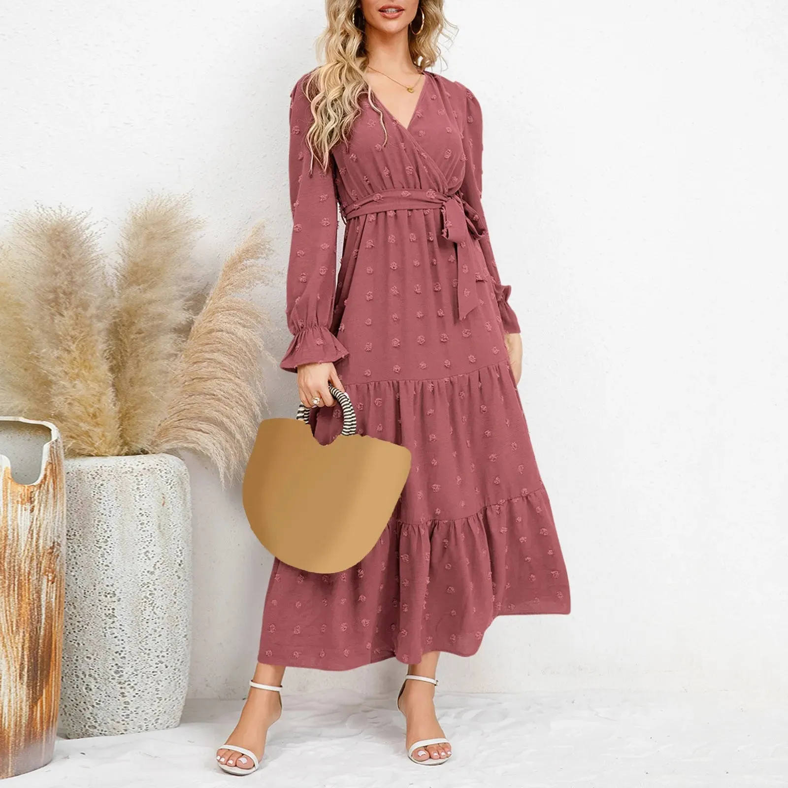 Color Lantern Sleeve Buttons Sexy Side Split Maxi Office Casual Solid Dress