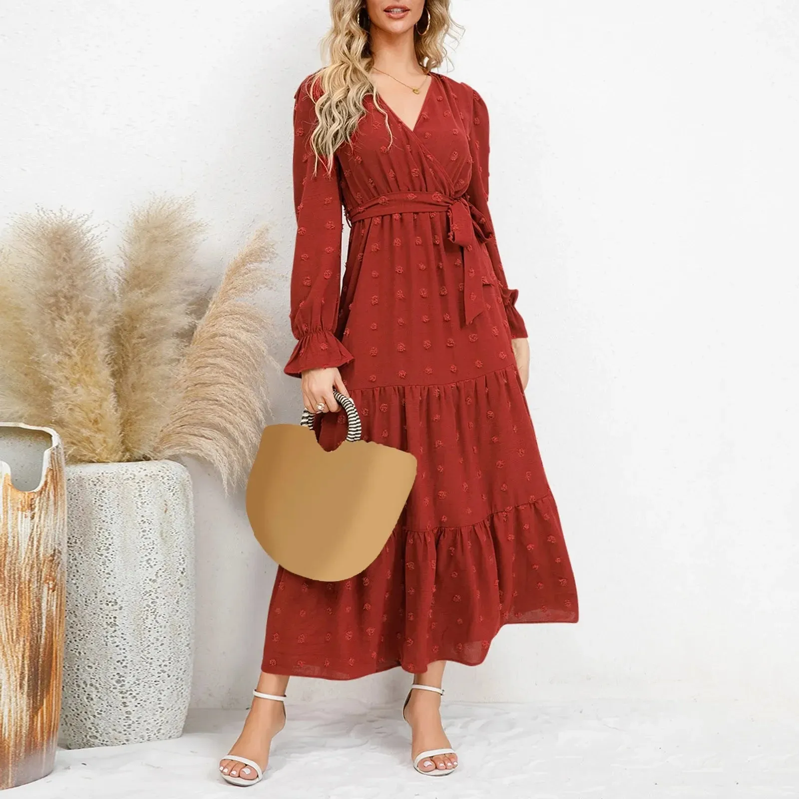 Color Lantern Sleeve Buttons Sexy Side Split Maxi Office Casual Solid Dress