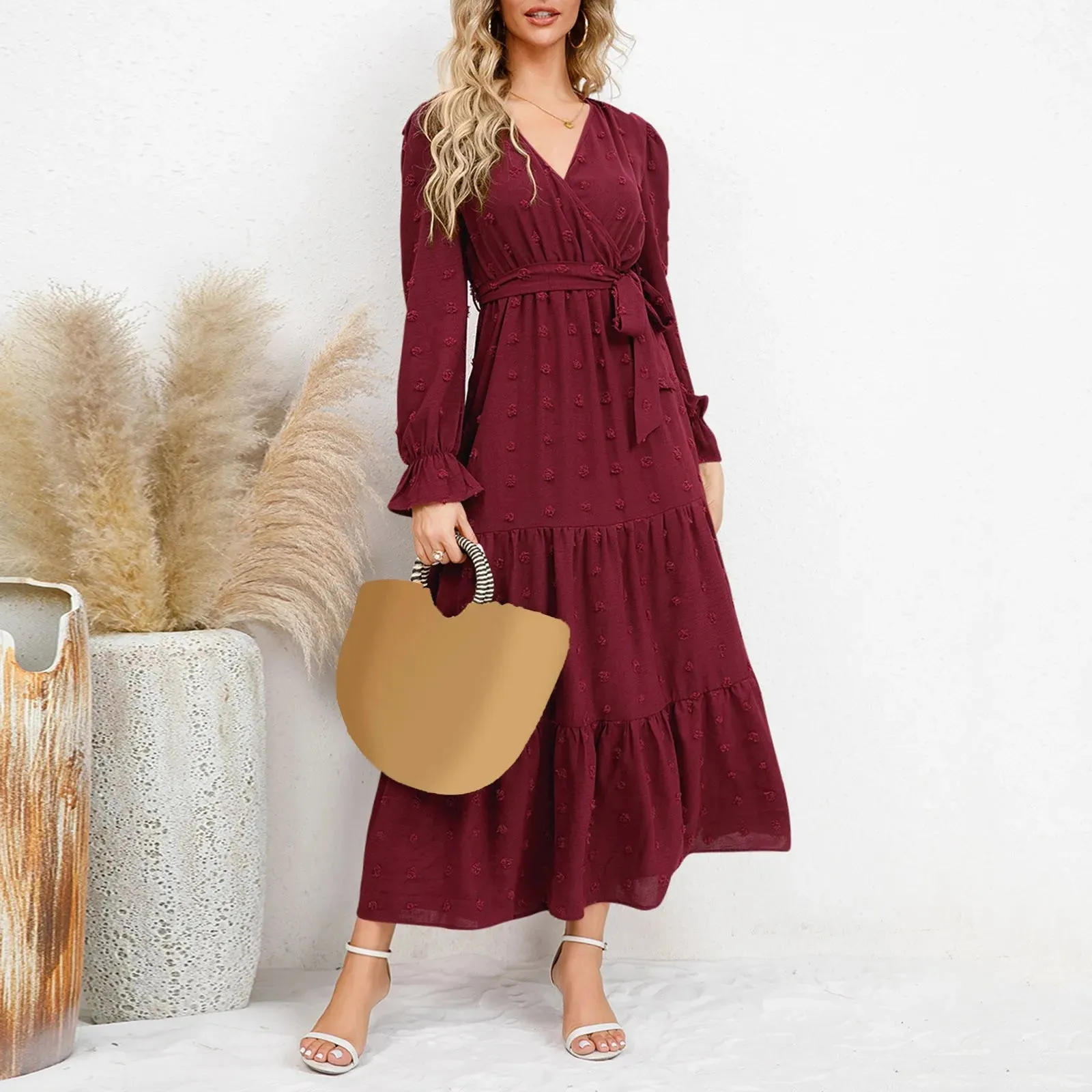 Color Lantern Sleeve Buttons Sexy Side Split Maxi Office Casual Solid Dress