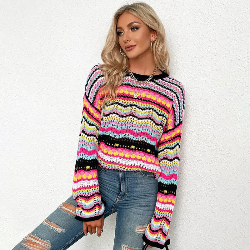 Colorful Loose-Fitting Knitted Flare Sleeve Crochet Hollow Out Pullover Sweaters