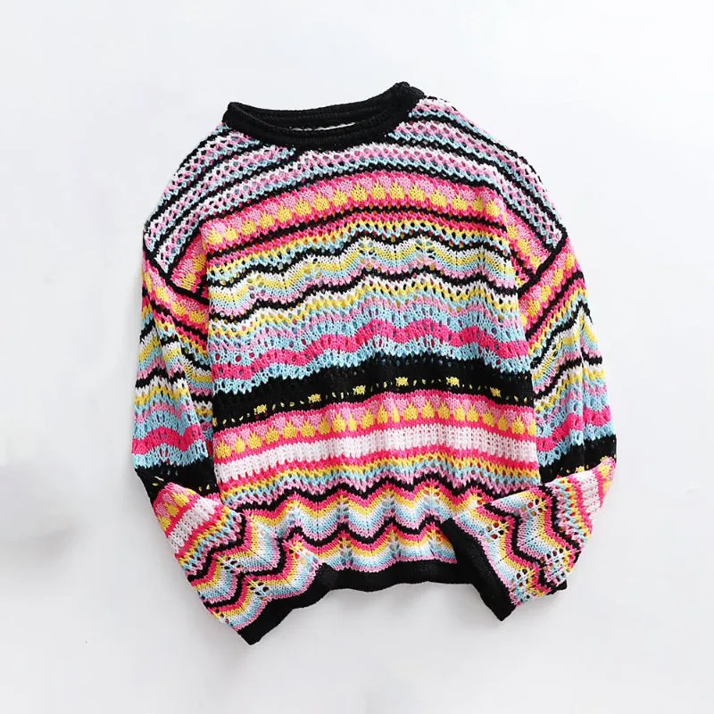 Colorful Loose-Fitting Knitted Flare Sleeve Crochet Hollow Out Pullover Sweaters