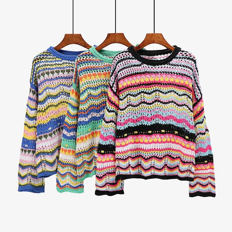 Colorful Loose-Fitting Knitted Flare Sleeve Crochet Hollow Out Pullover Sweaters