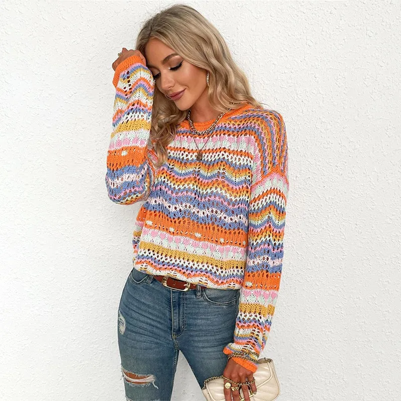 Colorful Loose-Fitting Knitted Flare Sleeve Crochet Hollow Out Pullover Sweaters