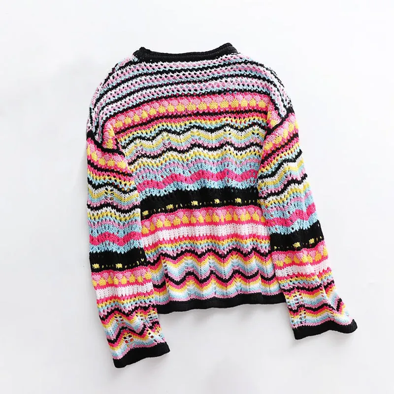 Colorful Loose-Fitting Knitted Flare Sleeve Crochet Hollow Out Pullover Sweaters