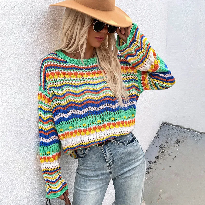 Colorful Loose-Fitting Knitted Flare Sleeve Crochet Hollow Out Pullover Sweaters