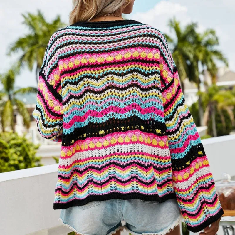 Colorful Loose-Fitting Knitted Flare Sleeve Crochet Hollow Out Pullover Sweaters