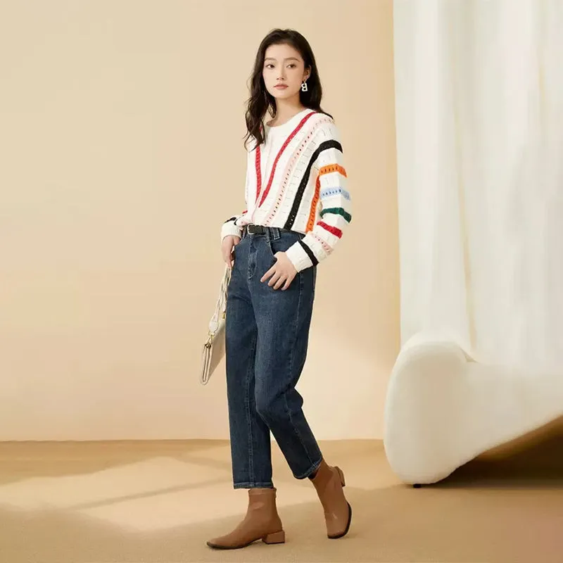 Colorful Striped Asymmetrical Hollow-Out Knitted Pullover Sweater