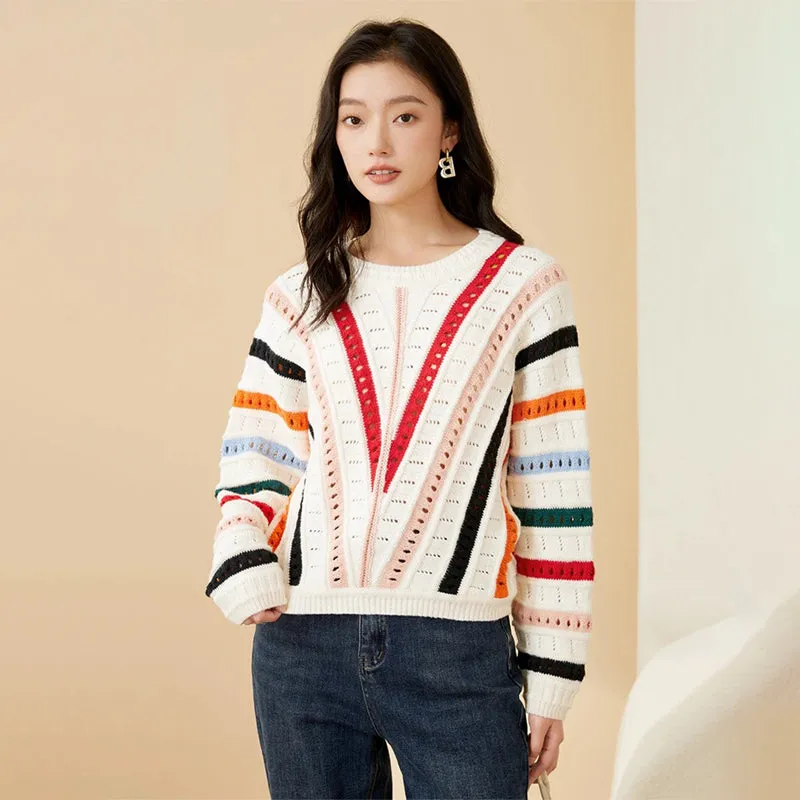 Colorful Striped Asymmetrical Hollow-Out Knitted Pullover Sweater