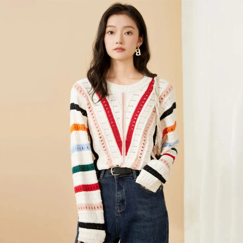 Colorful Striped Asymmetrical Hollow-Out Knitted Pullover Sweater