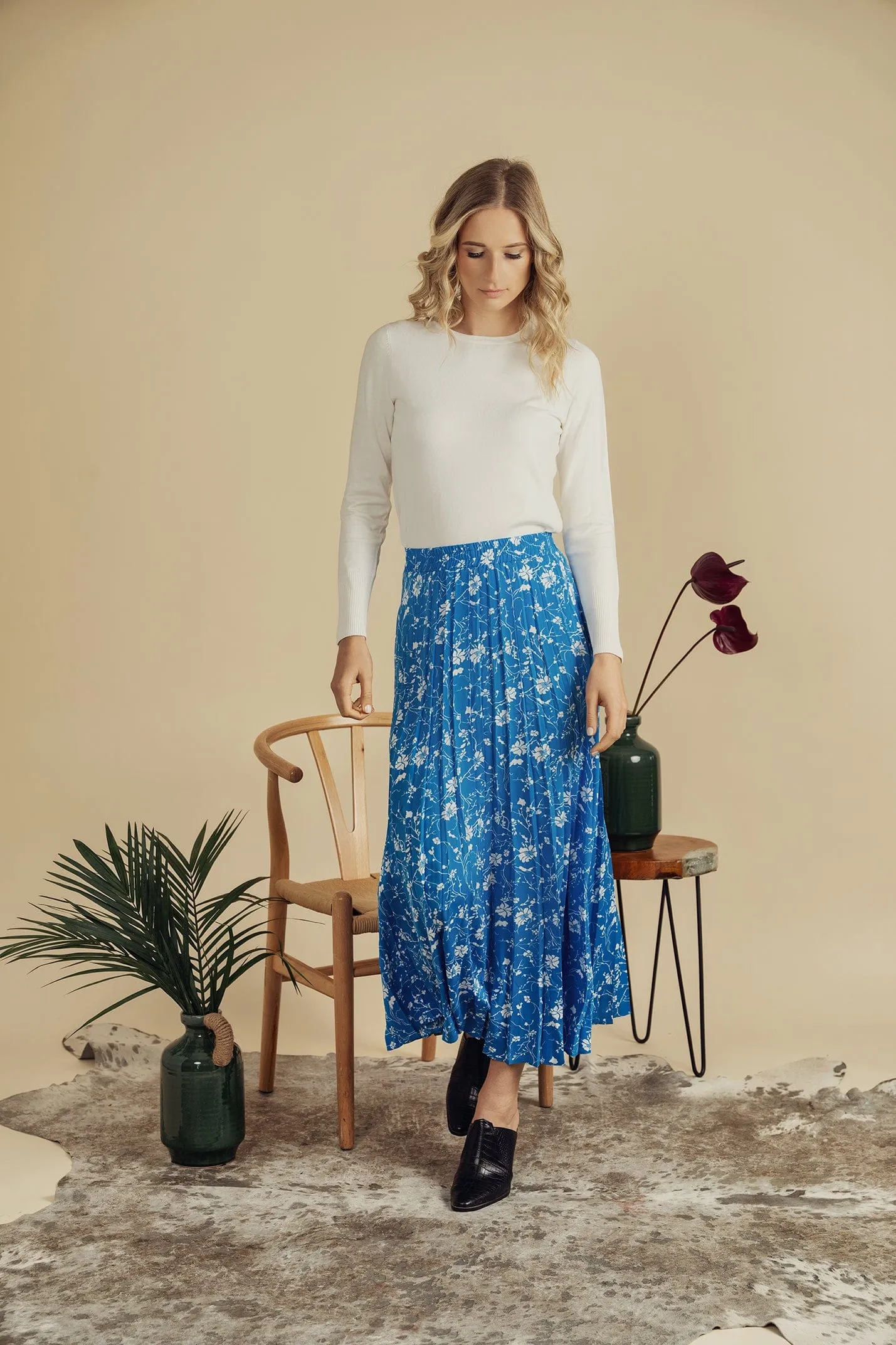 Covered Band Pleated Skirt 37"-Sky Blue Floral