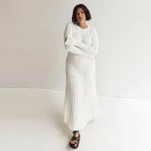 Cozy Winter Flare Long Sleeve Rib Knitted Maxi Dresses