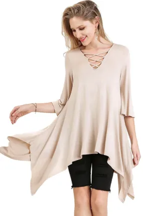 Crossed Bell Sleeve Asymmetrical Tunic, Latte