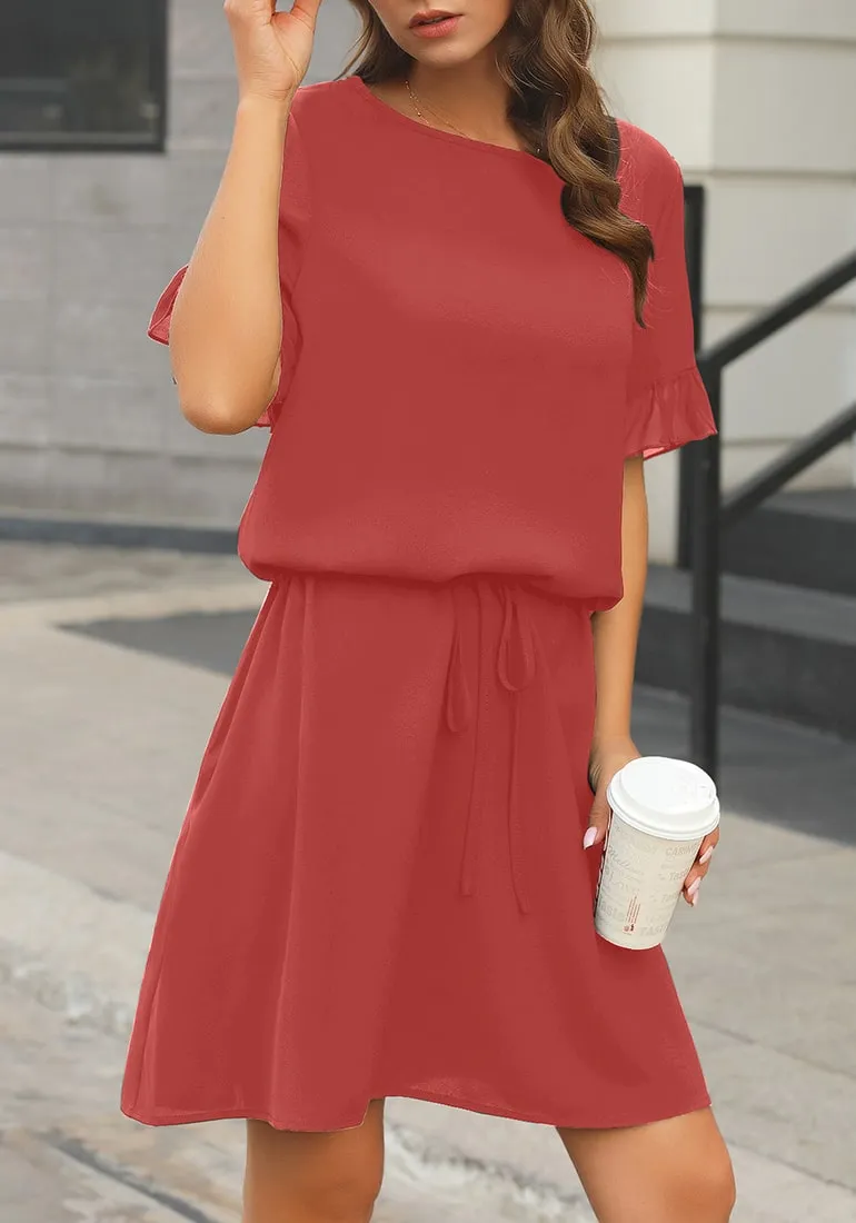 Dark Coral Drawstring-Waist Ruffle Short Sleeves Mini Dress