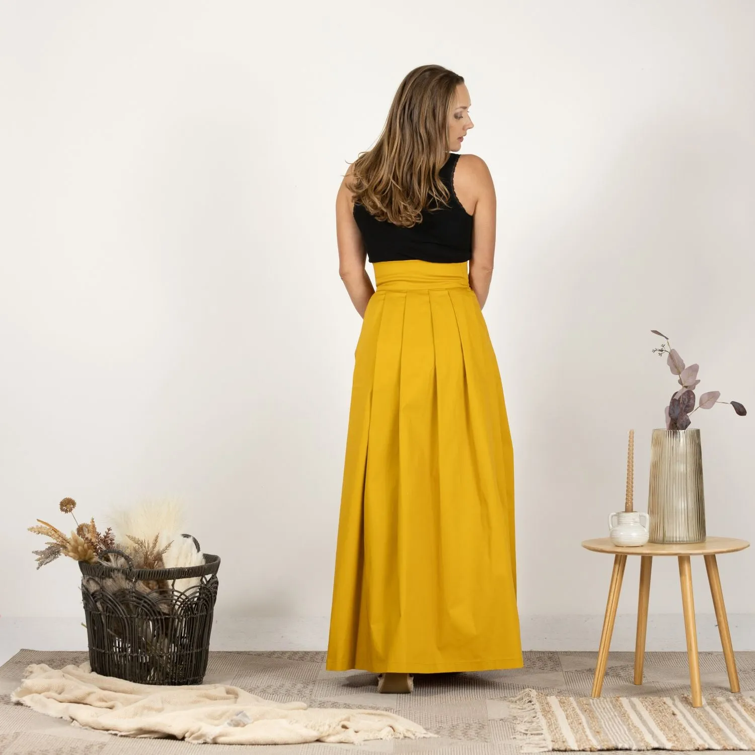 Deep Yellow High Waist Pleated Maxi Skirt