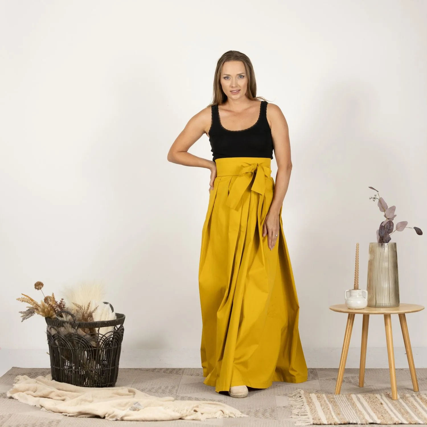 Deep Yellow High Waist Pleated Maxi Skirt