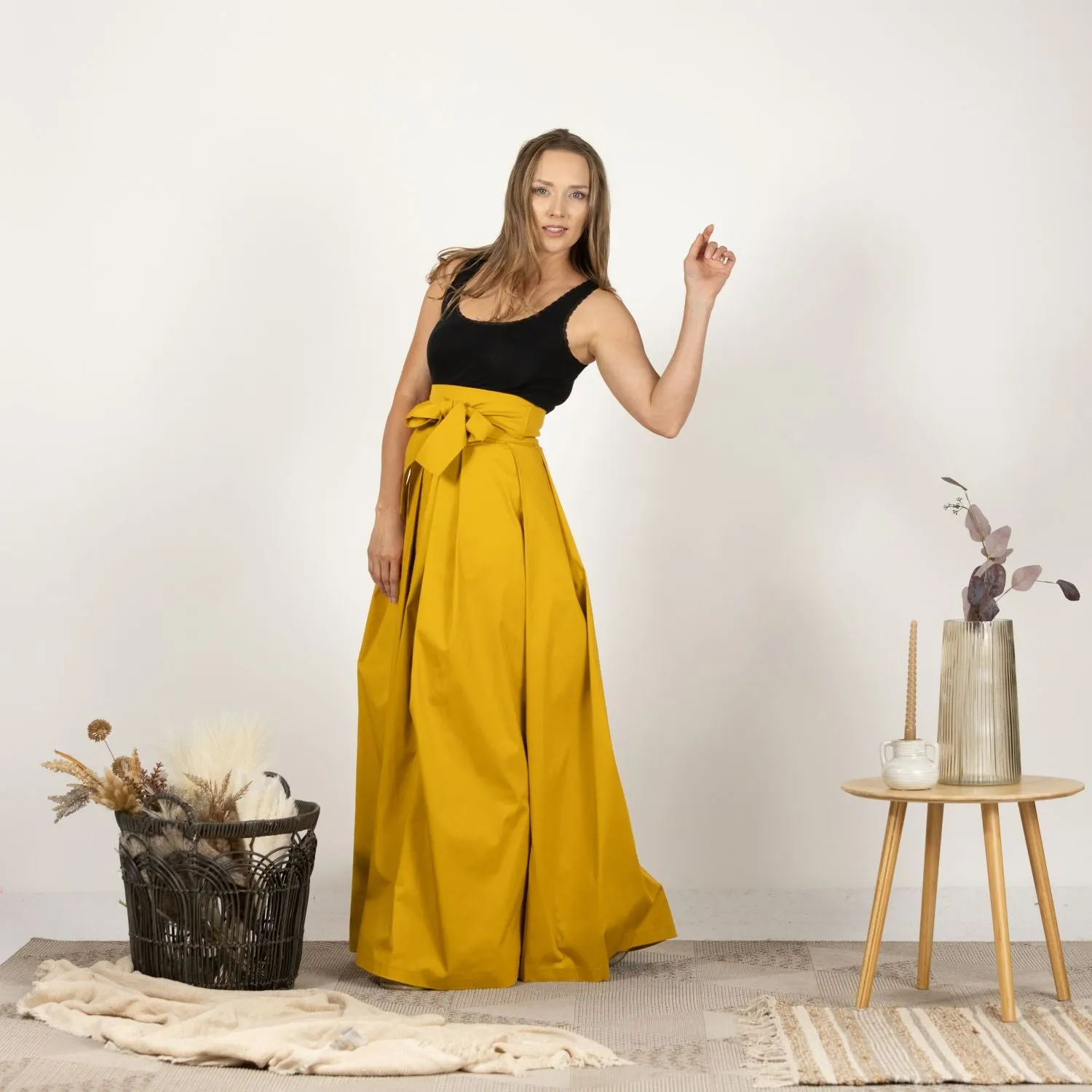 Deep Yellow High Waist Pleated Maxi Skirt