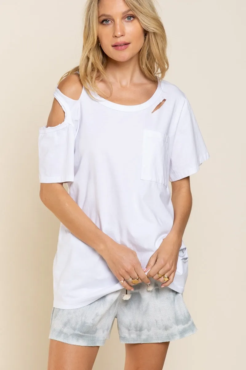 Distressed Short Sleeve Cotton Top, White