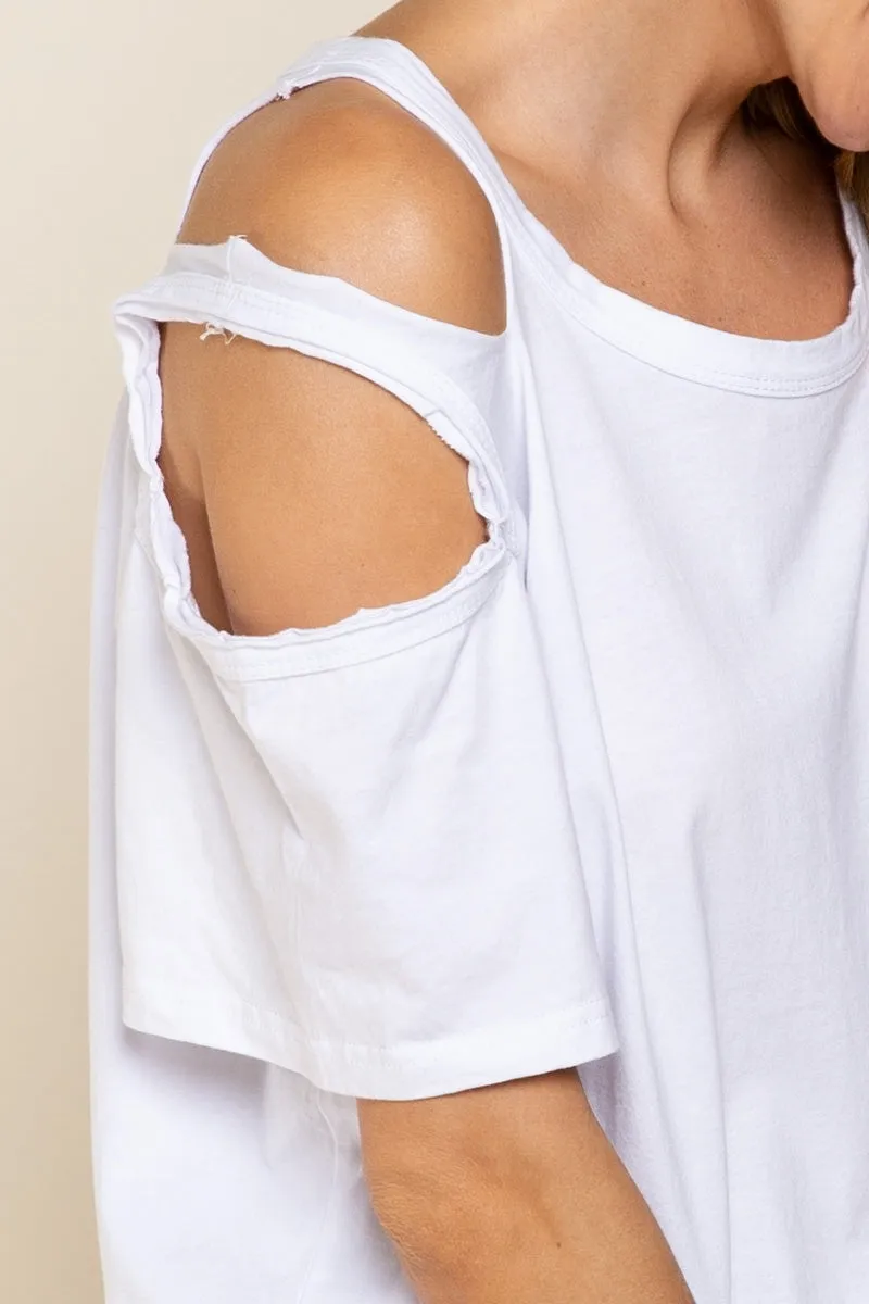 Distressed Short Sleeve Cotton Top, White