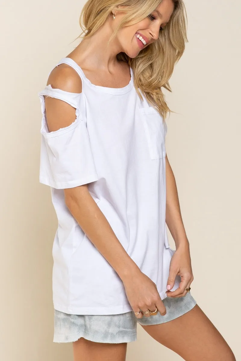 Distressed Short Sleeve Cotton Top, White