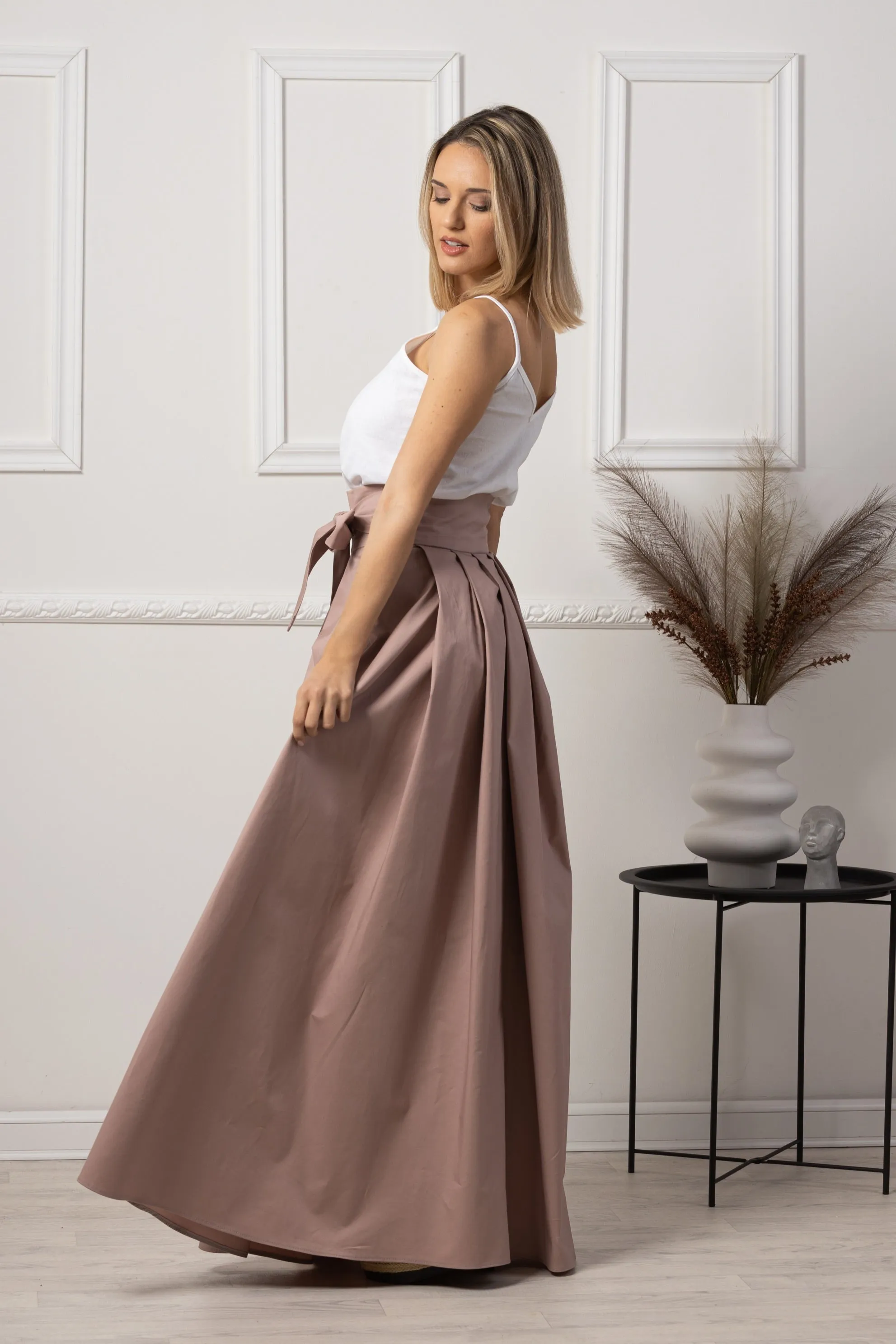 Dusty Rose High Waist Pleated Maxi Skirt