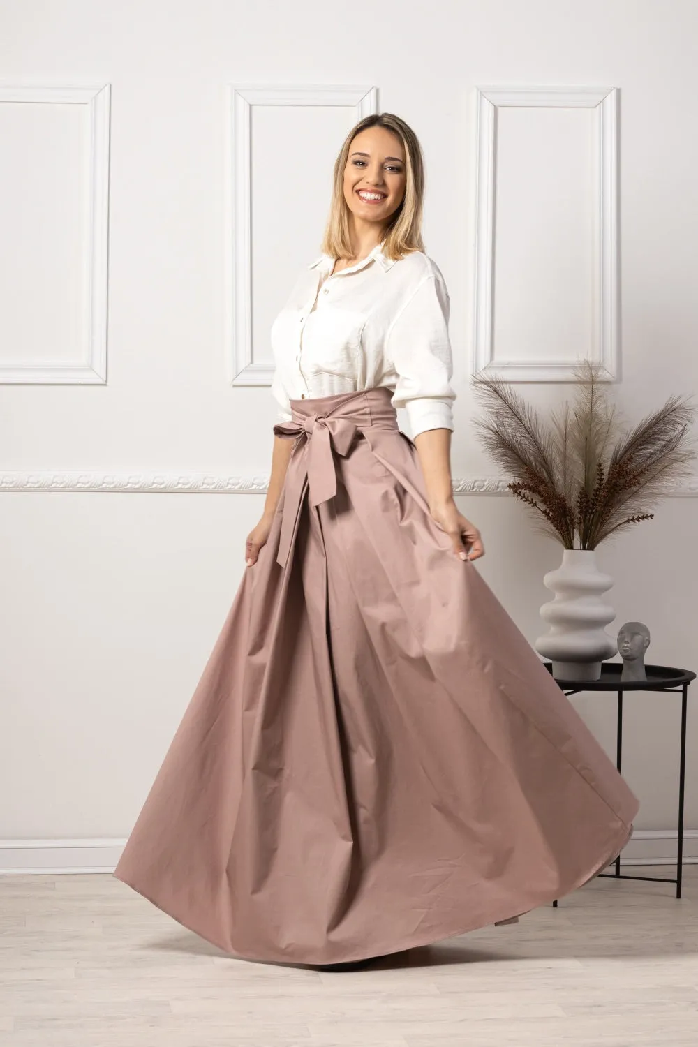 Dusty Rose High Waist Pleated Maxi Skirt