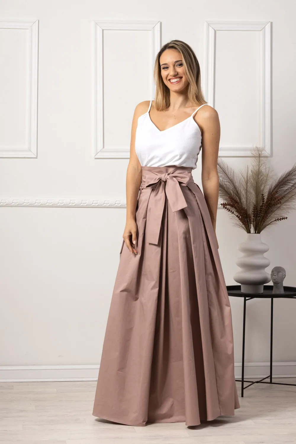 Dusty Rose High Waist Pleated Maxi Skirt