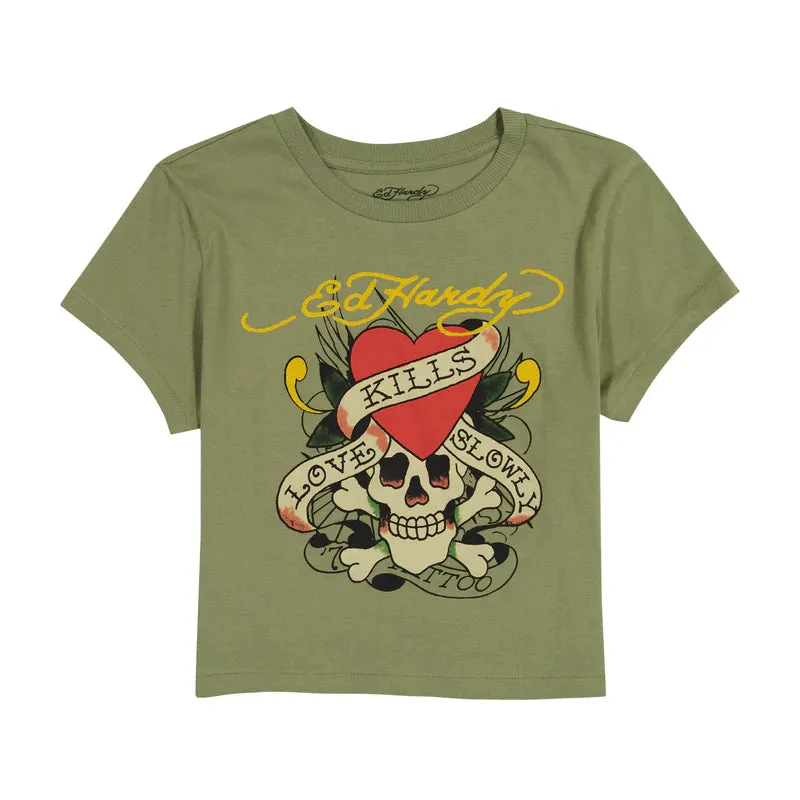 ED HARDY Women's Olive LKS Baby Tee