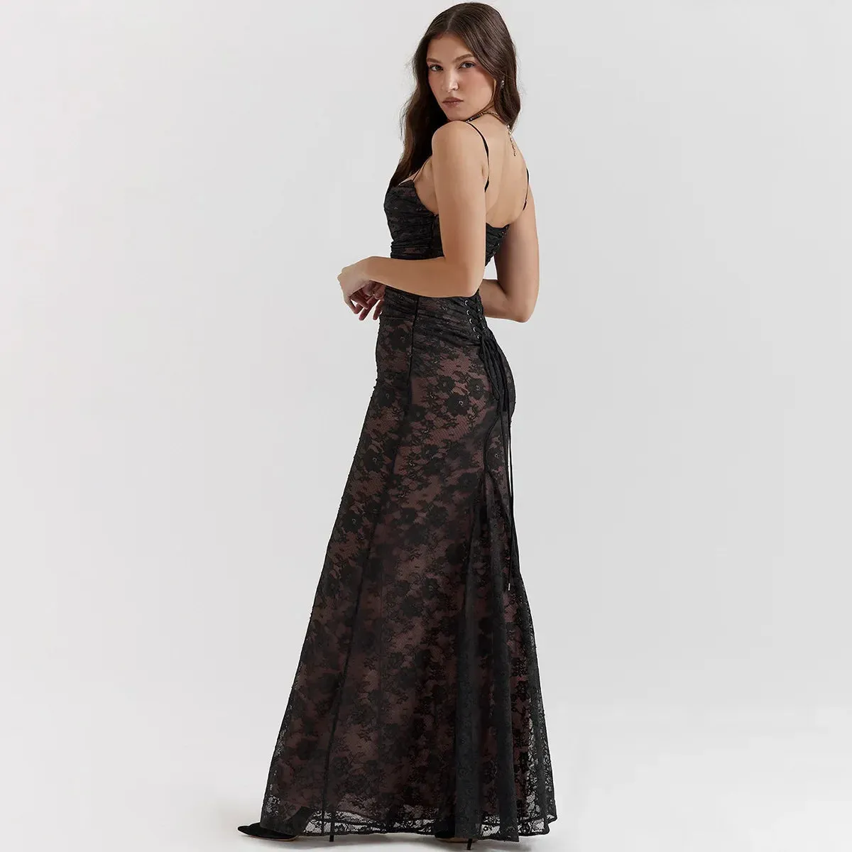 Elegant Black Lace Maxi Dress Set for Women's Formal Occasions