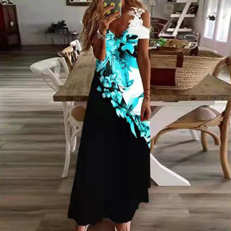 Elegant Bohemian Floral Lace Strap Off Shoulder Maxi Dress