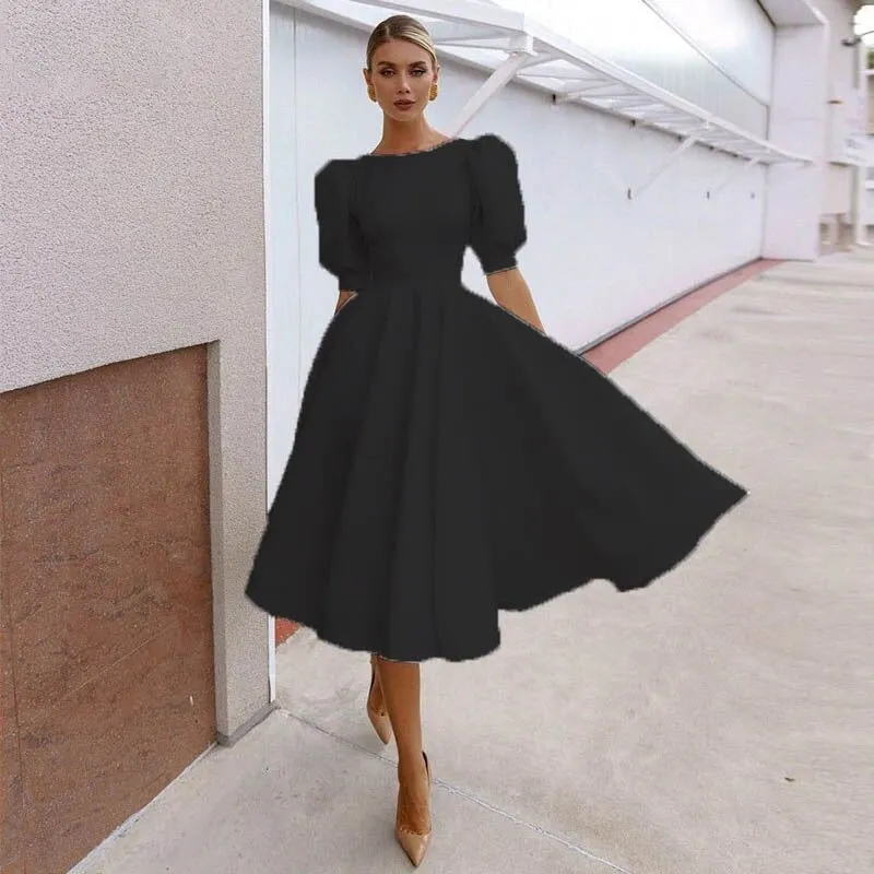 Elegant Fit and Flare Backless Lantern Sleeve A-line Dresses