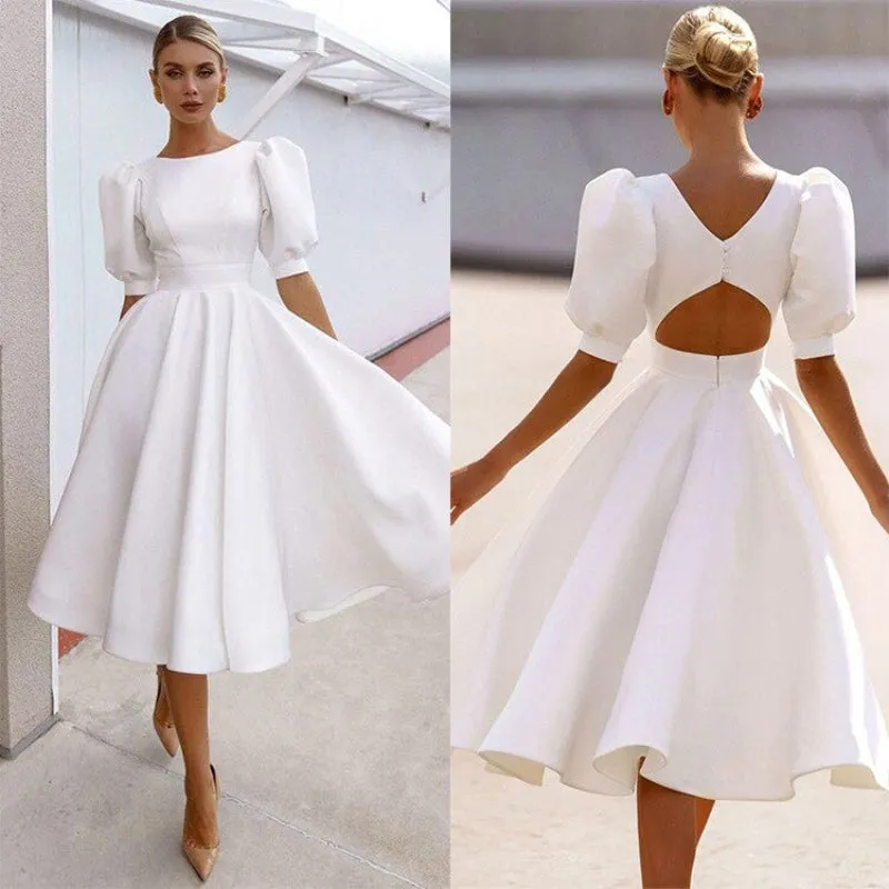 Elegant Fit and Flare Backless Lantern Sleeve A-line Dresses