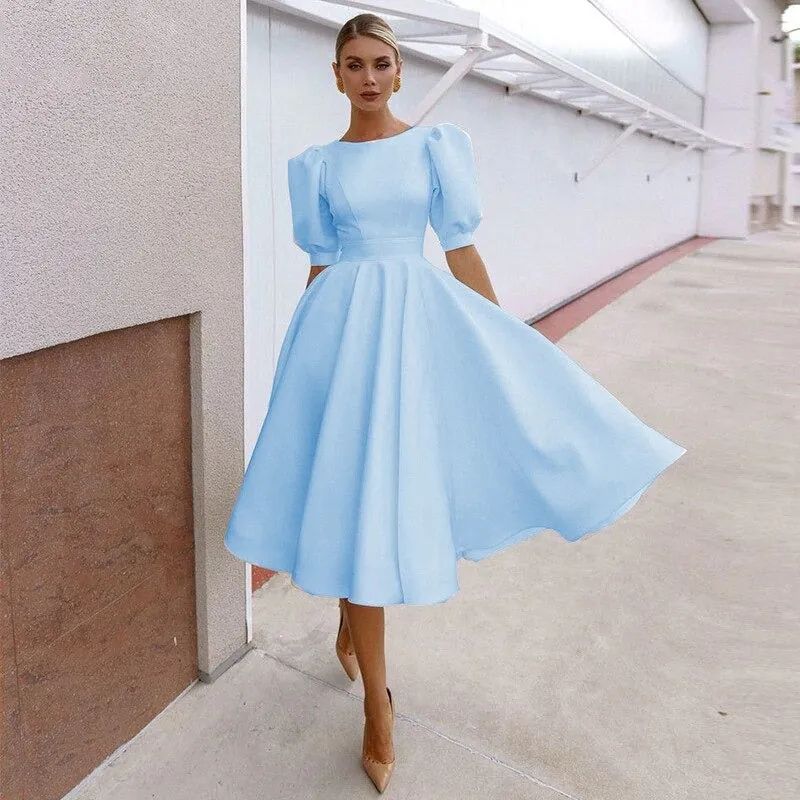 Elegant Fit and Flare Backless Lantern Sleeve A-line Dresses