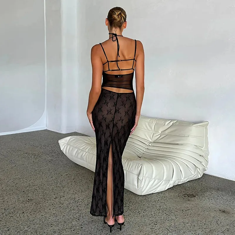 Elegant Halter Sleeveless Backless Maxi Dress with Split