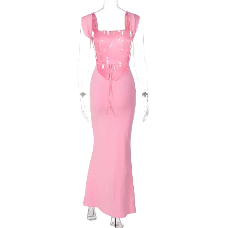 Elegant Pink Backless Maxi Dress