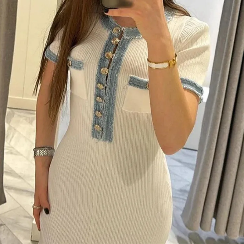 Elegant V-Neck Denim Patchwork Knitted Bodycon Maxi Dress