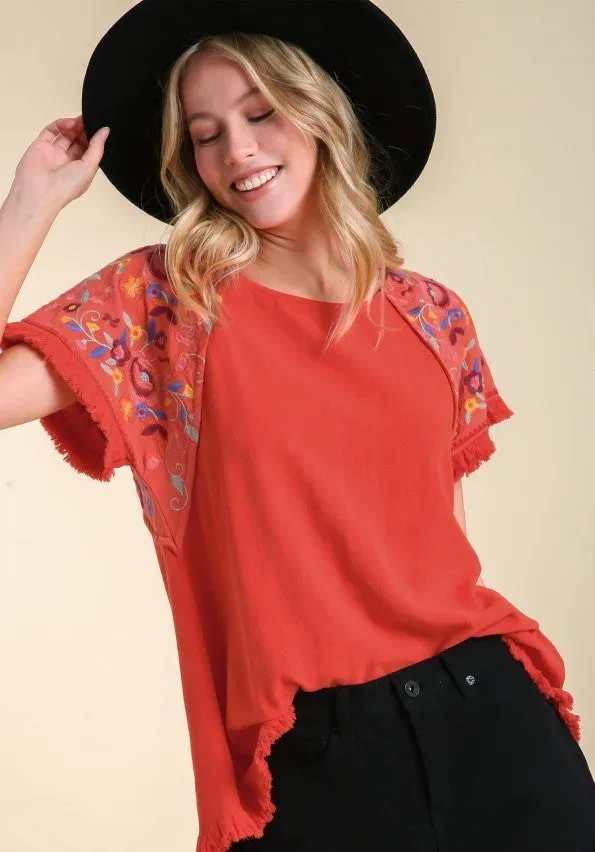 Embroidered Sleeve Frayed Ruffle Trim Top, Orange Red