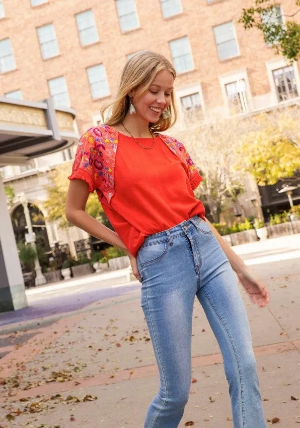 Embroidered Sleeve Frayed Ruffle Trim Top, Orange Red