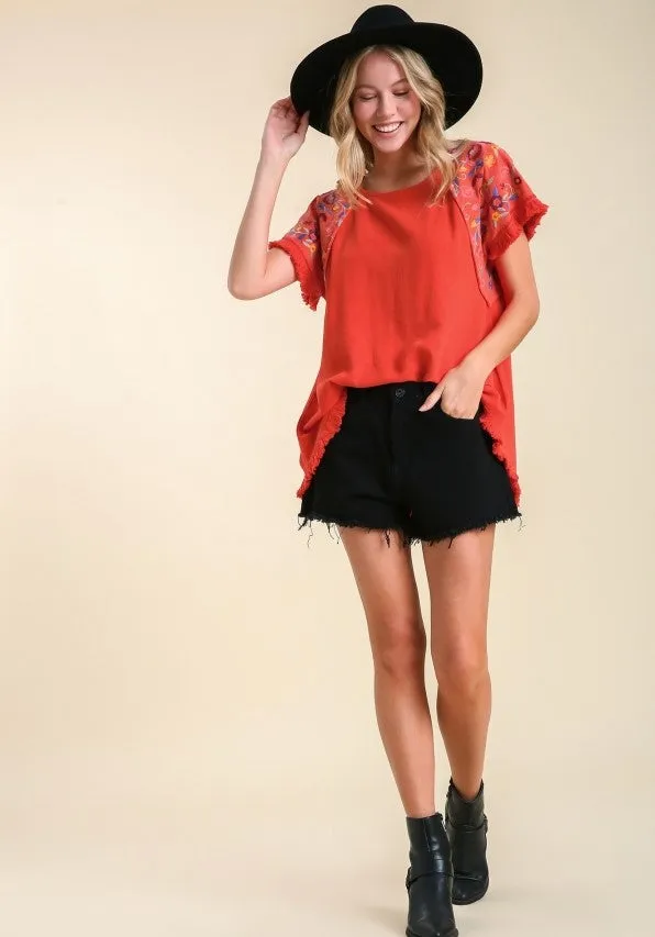 Embroidered Sleeve Frayed Ruffle Trim Top, Orange Red