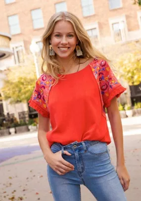 Embroidered Sleeve Frayed Ruffle Trim Top, Orange Red