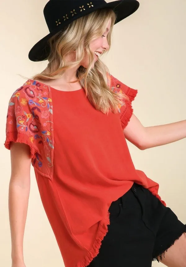 Embroidered Sleeve Frayed Ruffle Trim Top, Orange Red