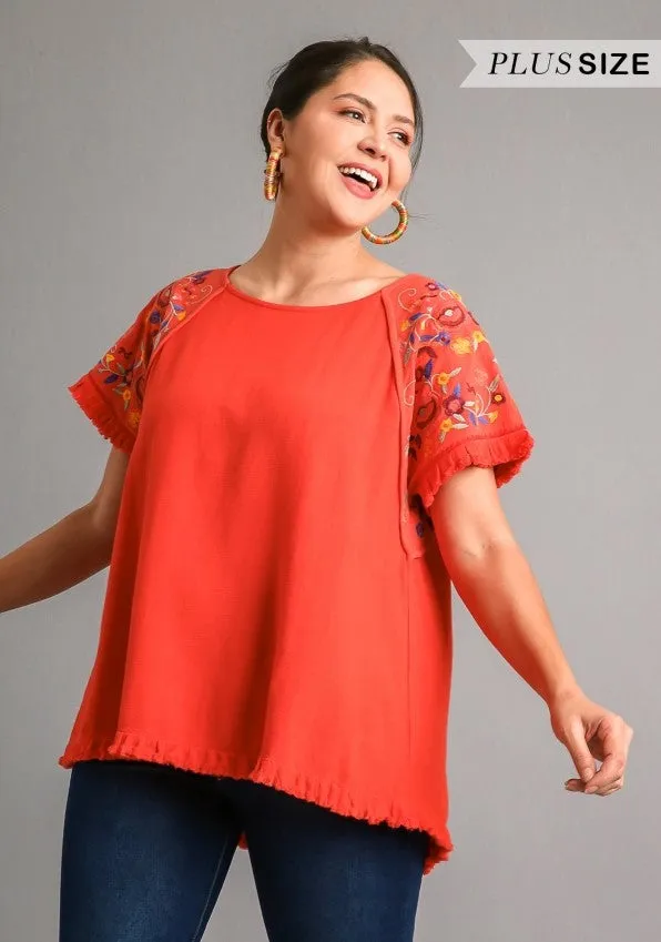 Embroidered Sleeve Frayed Ruffle Trim Top, Orange Red