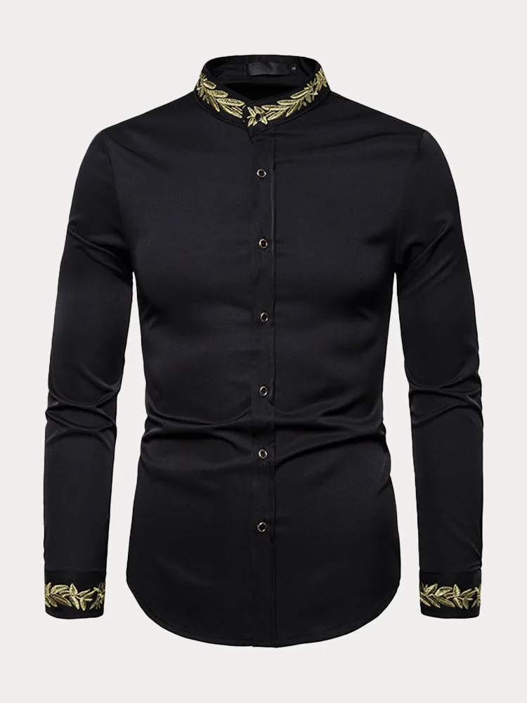 Fashion Embroidered Henley Collar Long-sleeved Shirt