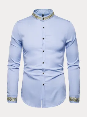 Fashion Embroidered Henley Collar Long-sleeved Shirt