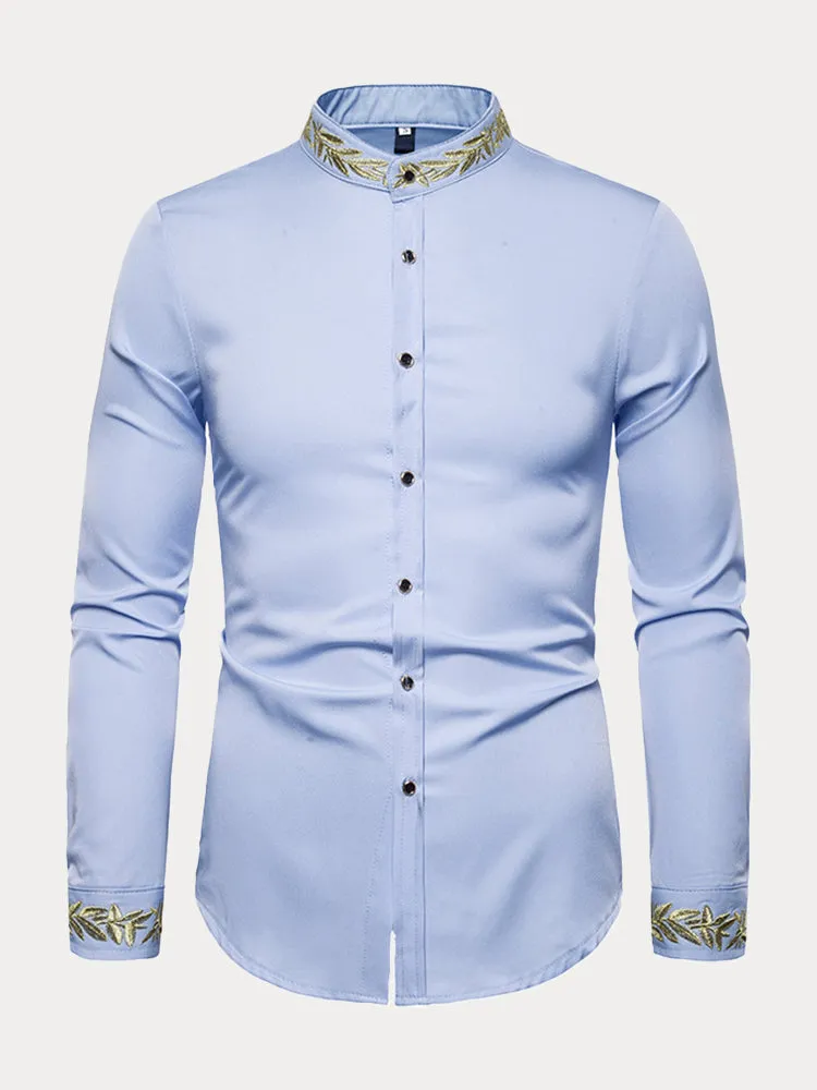 Fashion Embroidered Henley Collar Long-sleeved Shirt