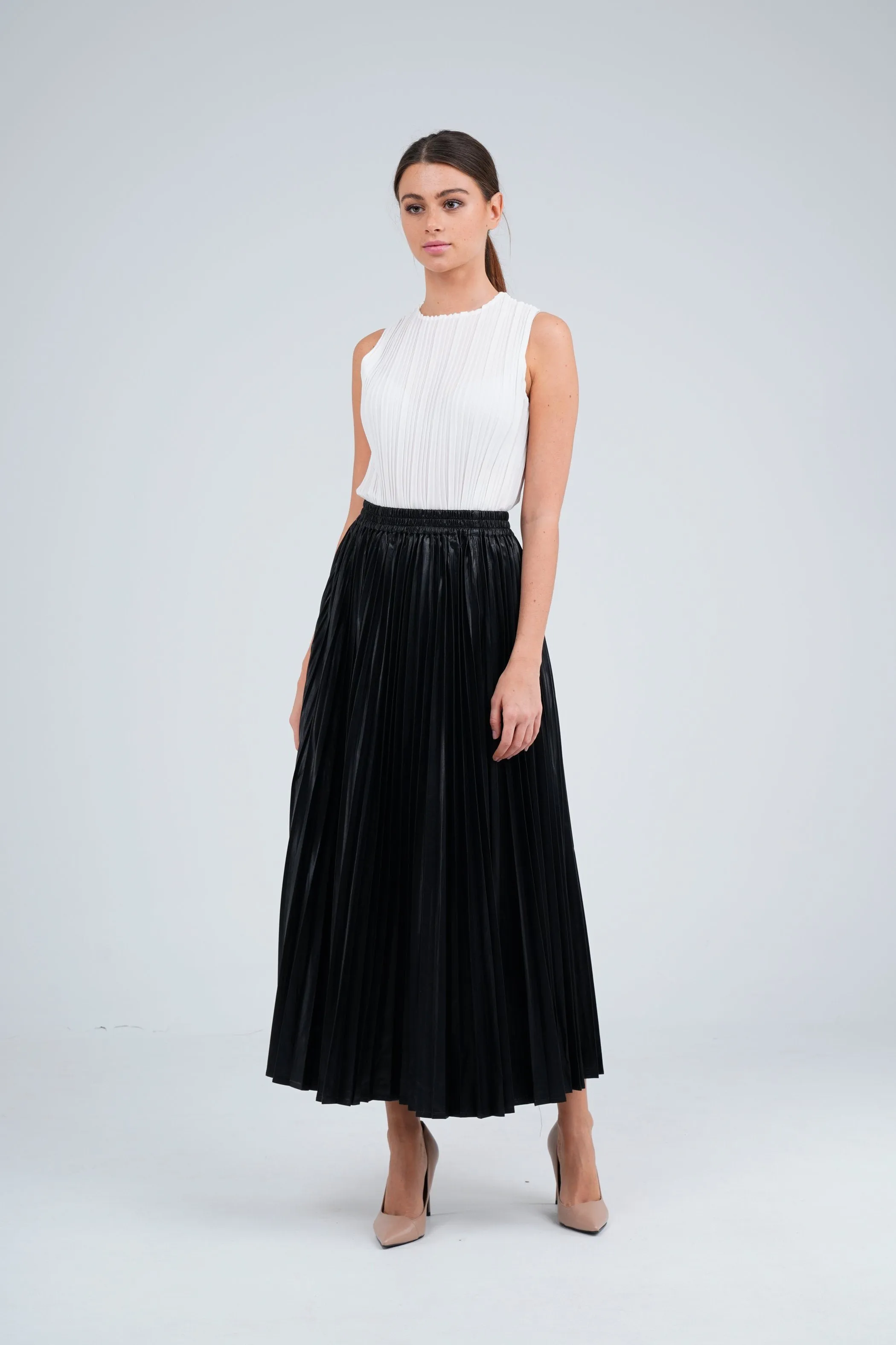 Faux Leather Black Pleated Skirt