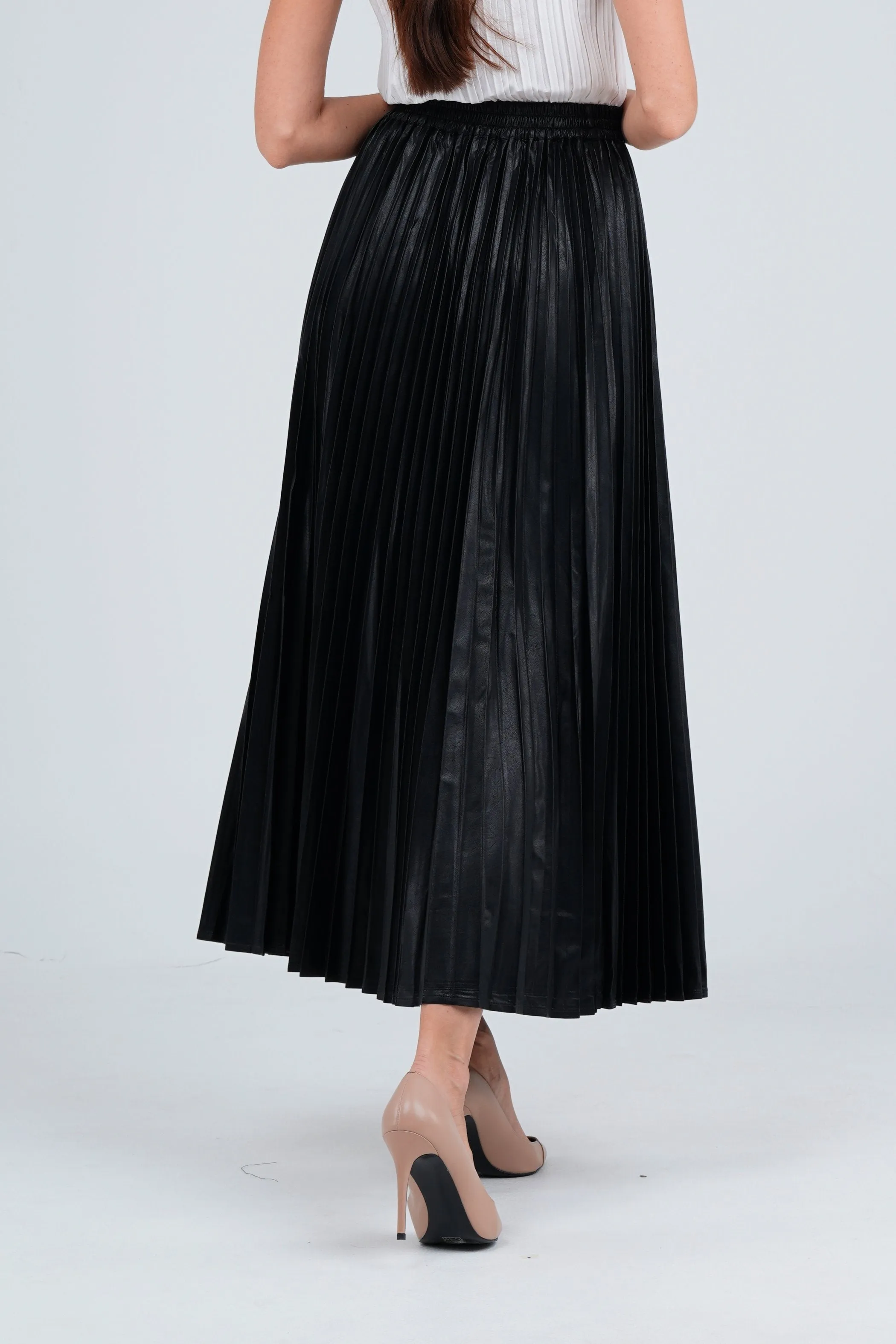 Faux Leather Black Pleated Skirt