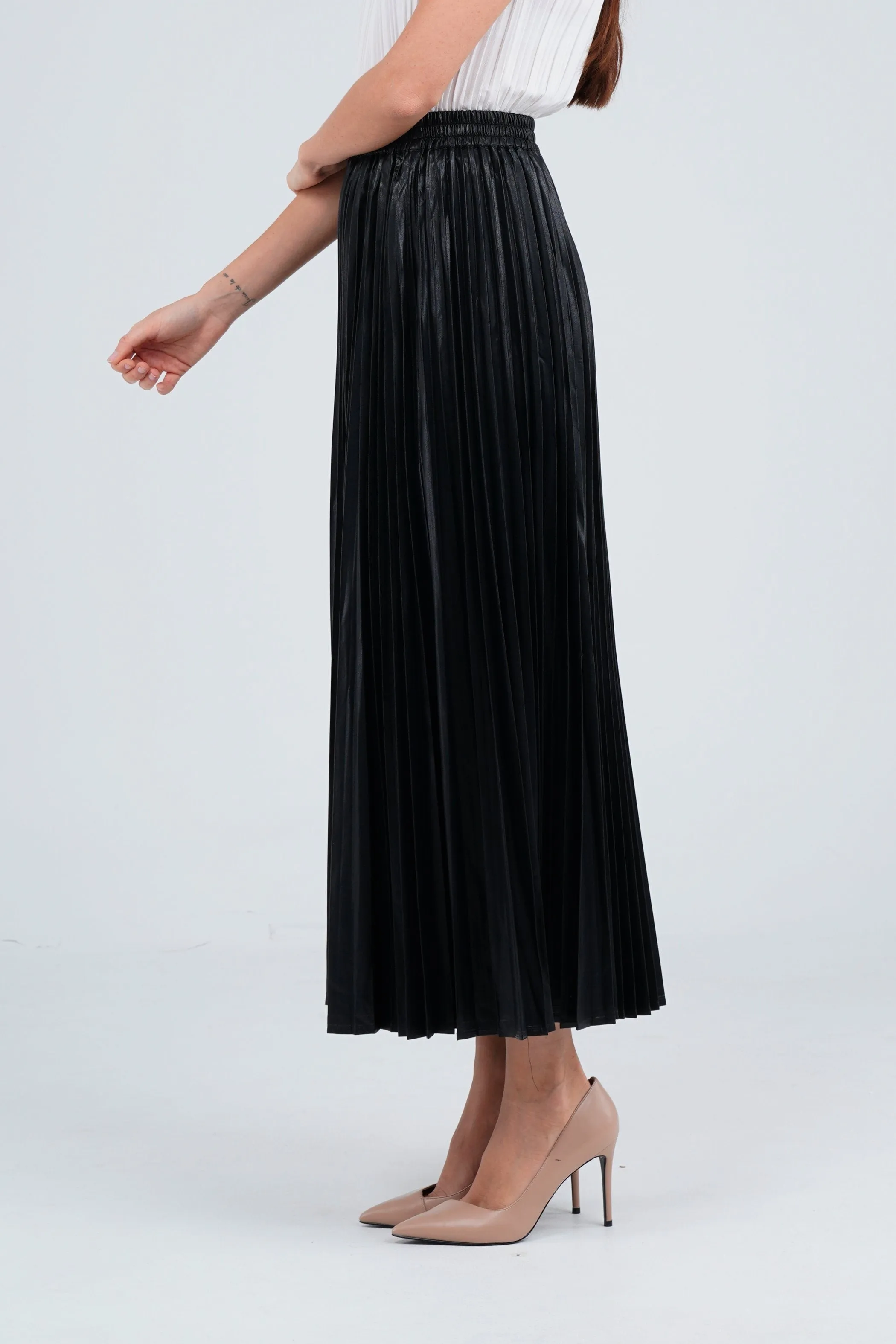 Faux Leather Black Pleated Skirt