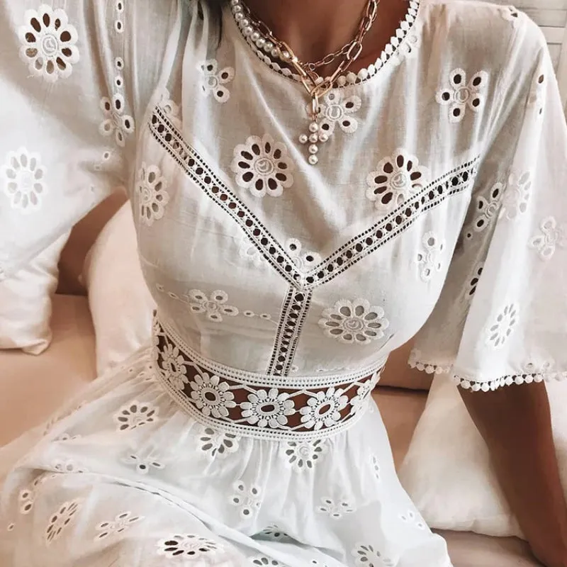 Fit and Flare Summer Floral Embroidery Hollow Out Backless Midi Dresses